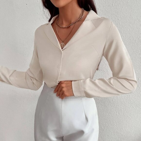 Beige Preppy Womens Solid Button Front Blouse - Picture 4 of 5